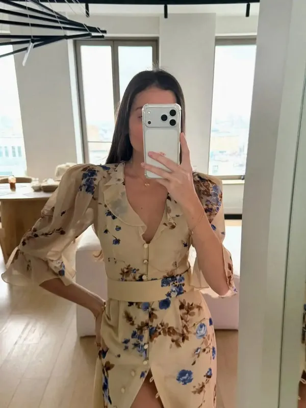 Floral Print Ruffle V Neck Waist Cinching Long Dresses Split Hem Single Breasted Maxi Dress 2026 Party Beach Vacation Vestidos — image 6