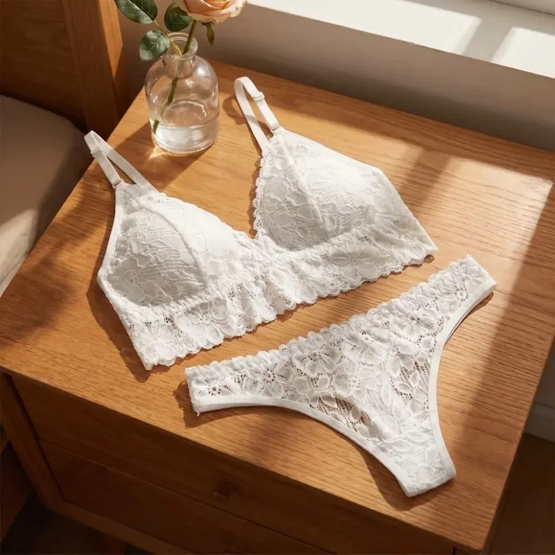 Fashion V Neck Lace Flower Bra Set Thong Solid Color Floral Panties Bra Kit Low Waist Lingerie Lace Underwear Girls — image 4