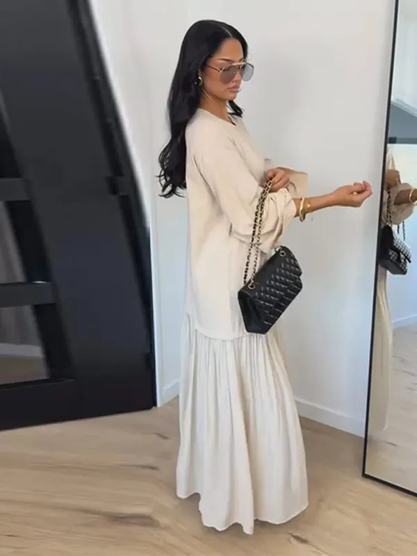 Solid Color Loose Fit Flare Sleeve Tiered Dress Crew Neck Ruffle Hem Pleated Long Maxi Dresses 2026 Spring Chic Casual Outwear — image 6