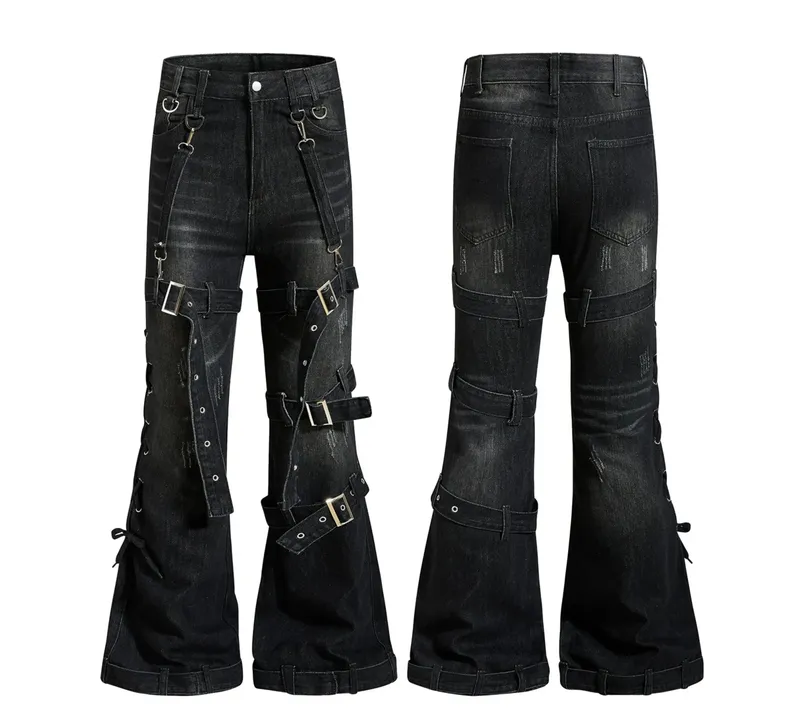 Gothic Punk Multi Buckle Strap Slim Fit Black Jeans Man Woman Ripped Vintage Techwear Bootcut Jeans