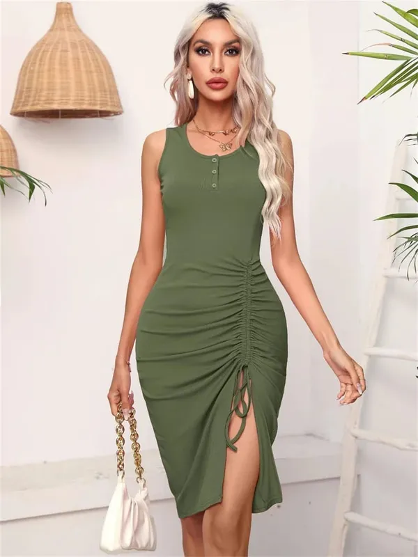 Women Spring Summer Style Dress Lady Casual High Elastic Sleeveless Solid Color Split Sheath Dress DF5011 — image 3