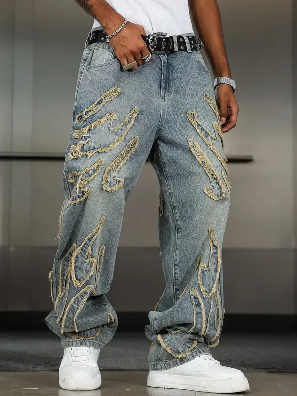 Men's Street Style Casual Patchwork Embroidered Frayed Hem Macau Blue Denim Jeans Trendy Loose Fit Straight Leg Pants — image 4