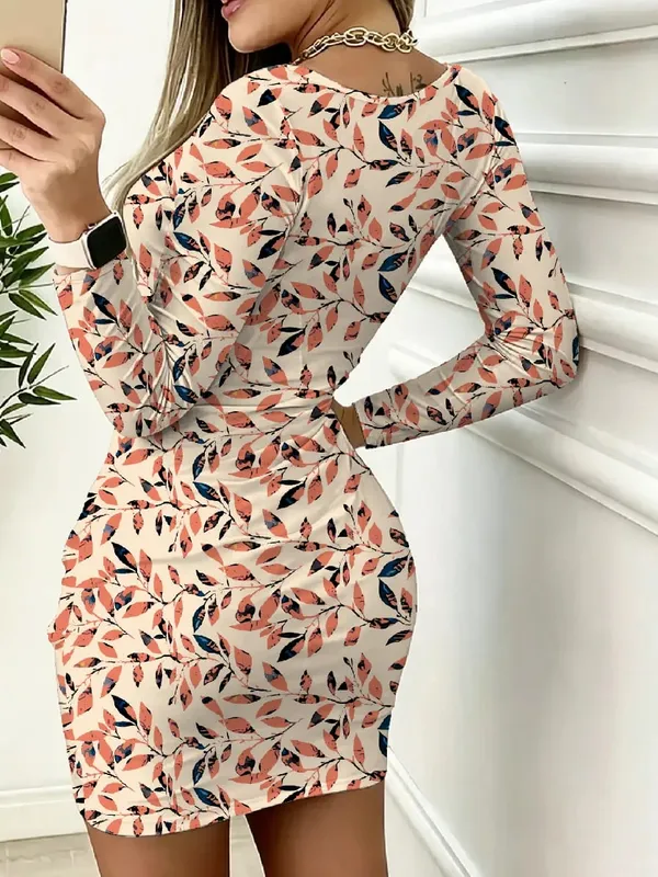 Autumn women's casual round neck leaf print waist cinched long sleeved pocket dress mini skirt length — image 3