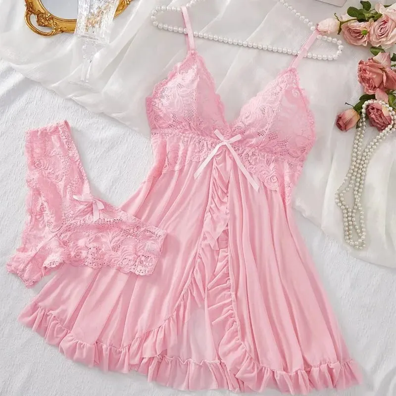Sexy Lingerie Set Women Erotic Bra Nightdress Sexy Lace Sleepwear Solid Slim Soft Dresses V Neck Full Slip Sleepwear & Dresses — image 9