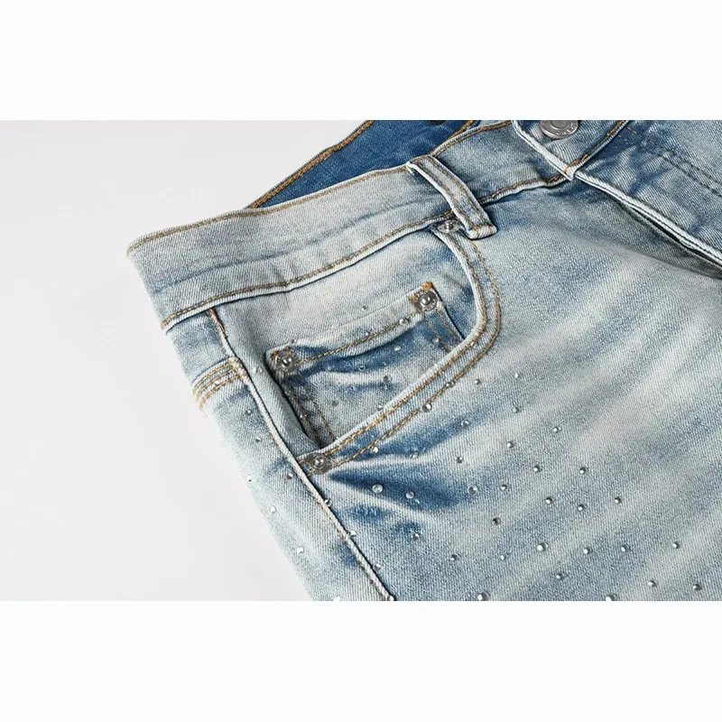 Men's Washed Distressed Skinny Ripped Jeans Light Blue Rhinestone Decor Button Fly High Street Style — image 4