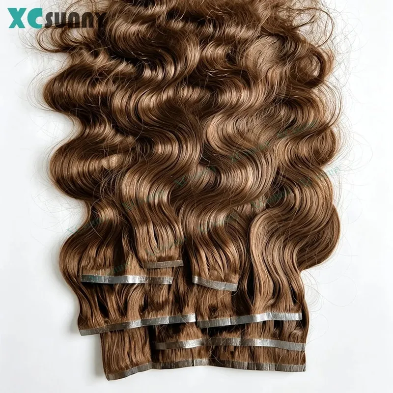 PU Clip Ins Human Hair Extensions Body Wave Chocolate Brown Color 4 Seamless Skin Weft Clip Ins for Women 100g- 240g — image 6