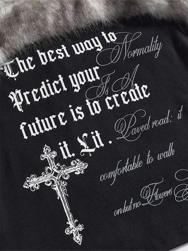2026 Summer Women Y2K Grunge Goth Streetwear Sexy Faux Fur Trim Cross Letter Print Slim Fit Cropped Halter Neck Cami Tank Top — image 2