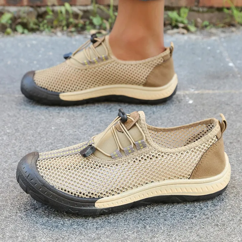 Men's Hollow Mesh Quick Toggle Lace Walking Trainers Striped Stitching Trim Wrapped Thick Rubber Toe Cap Outdoor Casual Shoes — image 3