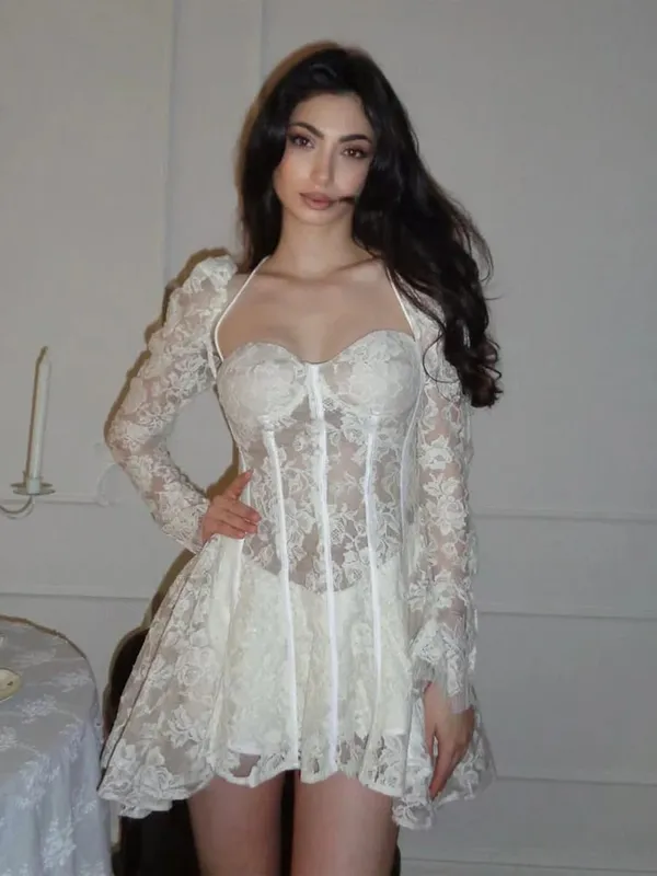 Elegant Patchwork Lace Short Dress Women Chic Full Sleeves See Through A-line Slim Dresses 2026 Lady Evening Party Vestidos New — image 4
