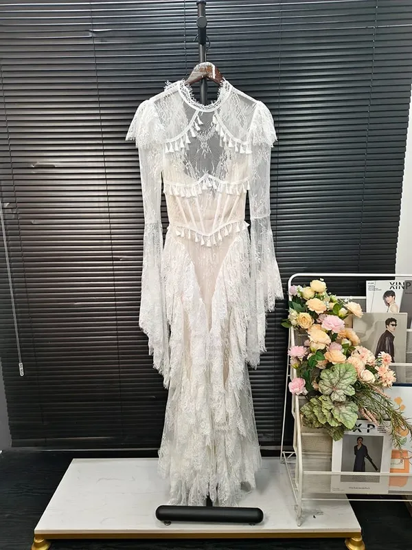 Summer Stand Collar Lace Tassel Hollow Out Flare Sleeve Dress Women Boned Waist Tiered Mermaid Dresses New 3A2709 — image 3