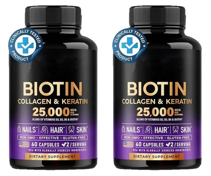 Biotin Capsules Contain Collagen and Vitamin B2 B3 B6 & B7 for Women Men Hair Care Supplements Skin & Nails Support 60 Pieces