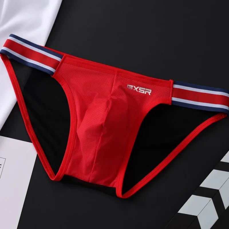 New GXSR splicing side waist high fork men's briefs threaded ice silk fashionable low waist sports hip lift men's underpants — image 4