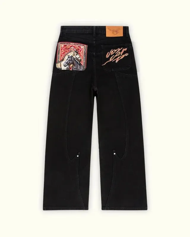 Y2K Black Baggy Cargo Jeans Men Horse Back Pocket Embroidery Cursive Wild Ride Distressed Cut Out Wide Leg Casual Denim Trouser — image 3