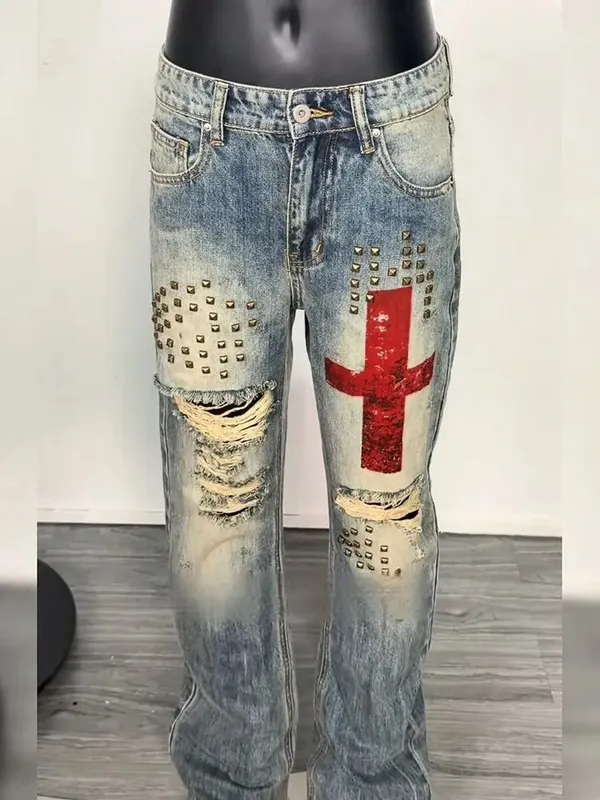 Men's Rivet Hole Design Street Retro Jeans Casual Pant Vintage Boys Straight Unisex Sweatpants Male High Waist Wide Leg Trousers — image 2