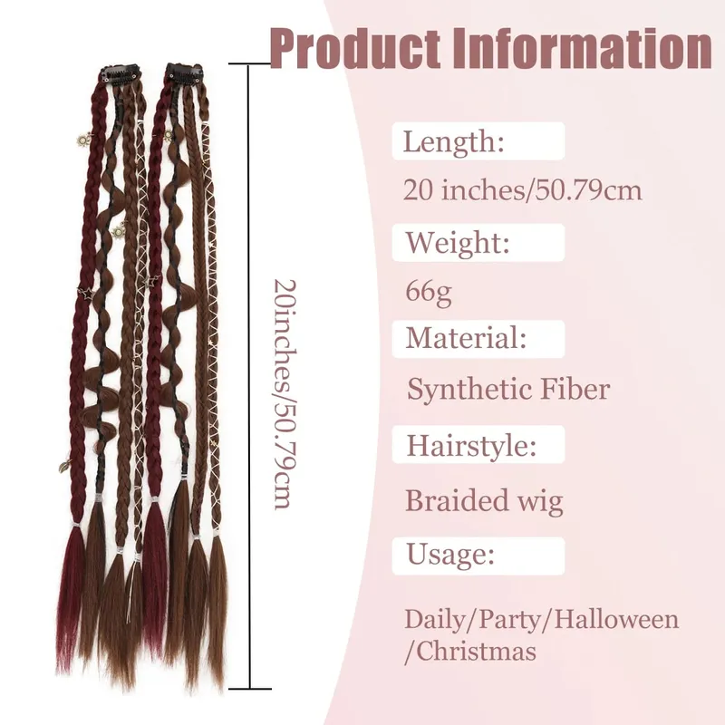 20 Inches Bohemia Clip in Hair Extensions Handmade Synthetic Weaving Clip-on Long Braid Fairy Hair Synthetic Hair Extensions — image 4