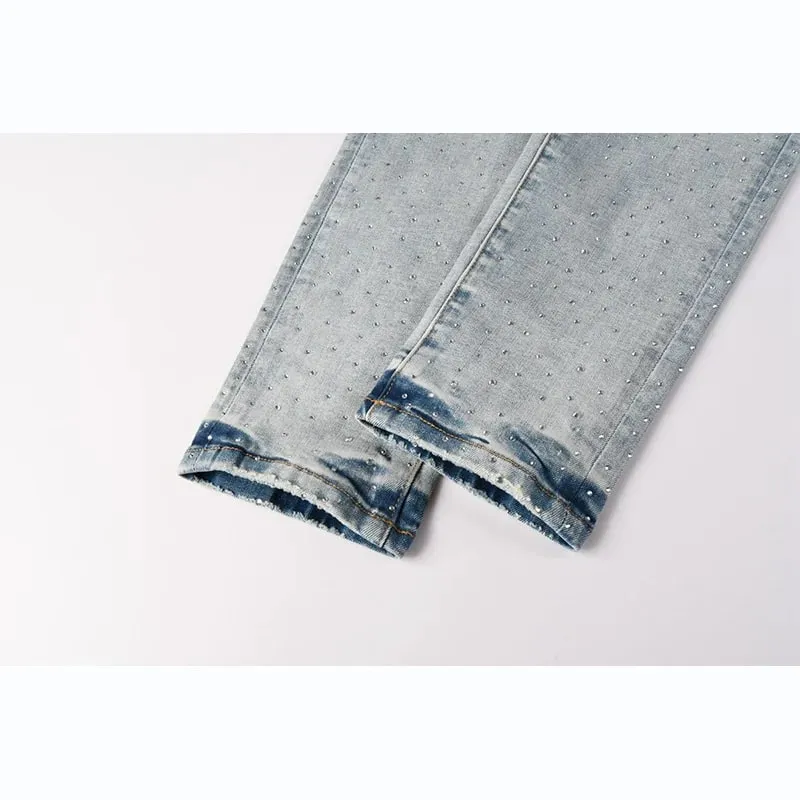 Men's Washed Distressed Skinny Ripped Jeans Light Blue Rhinestone Decor Button Fly High Street Style — image 6