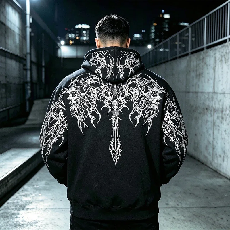 Men Alt Gothic Pullover Hoodie Y2k High Street American Style Dark Thorn Print Fleece Lined Loose Biker Fall Winter Sweatshirt — image 23