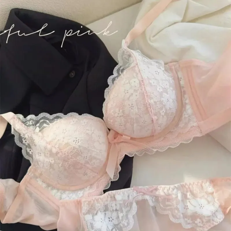 Sexy Lace Lingerie Set Manga-Style Bra Small-Bust Gathering Side-Boob Control Uplifting Comfortable Wireless Bra Set. — image 3