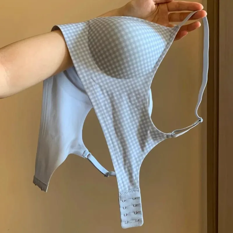 Elegant Japanese Checkered Lingerie Set Small Chest Support Wirefree Anti-Sagging Pure Cotton Comfort Fit Bralette S-XL UK Hot S — image 1