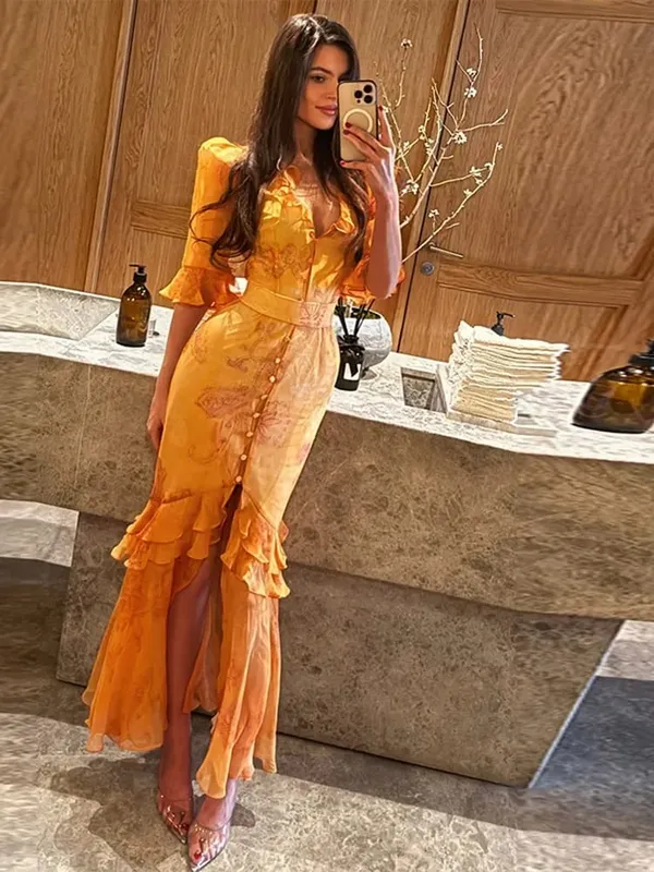 Floral Print Ruffle V Neck Waist Cinching Long Dresses Split Hem Single Breasted Maxi Dress 2026 Party Beach Vacation Vestidos — image 3