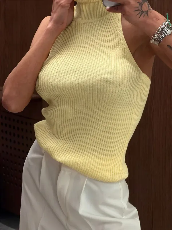 Solid Color Knit Sleeveless Tank Top Women High Neck Backless Slightly Fitted Cropped Vest Minimal Daily Fashion Casual Outfit — image 10