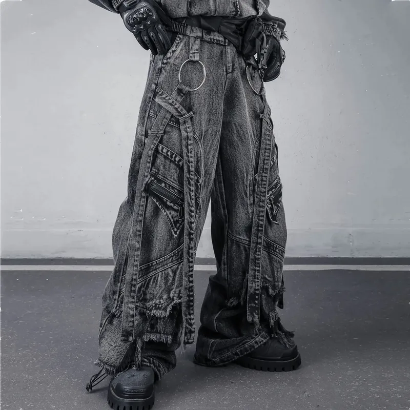 Deconstructed Straps Washed Vintage Cargo Jeans Man Woman Techwear Wasteland Style Wide Leg Tactical Baggy Pants Street Wear — image 6