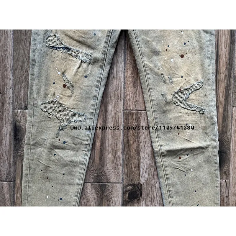 Men's High Street Distressed Washed Light Blue Graffiti Damaged Holes Stretch Skinny Button Fly Ripped Jeans Pants — image 5
