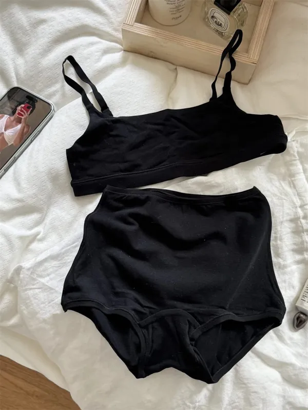 Vintage Cotton Sport Bra Set Woman Adjusted-strap Seamless Bra+Low Waist Boxer Briefs Solid Simple High Elasticity Lingerie Sets — image 7
