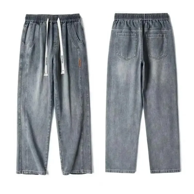 Non-deformed Men Gradient Color Jeans Versatile Men's Elastic Waist Denim Pants Adjustable Drawstring Solid Color for Casual