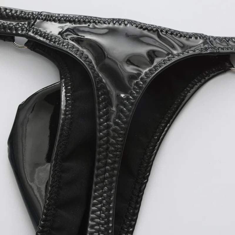 1pc Men Shiny Leather Waist With Metal Ring G-strings Thongs Gay Bulge Pouch Low Waist Stretchy Underwear Butt-Exposing Sexy — image 4