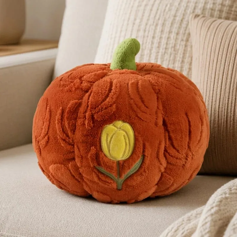 Cute Pumpkin Throw Pillow With Tulip Embroidery Soft Plush Pumpkin Shaped Cushion Pillow For Sofa Living Room Hallowmas Gifts