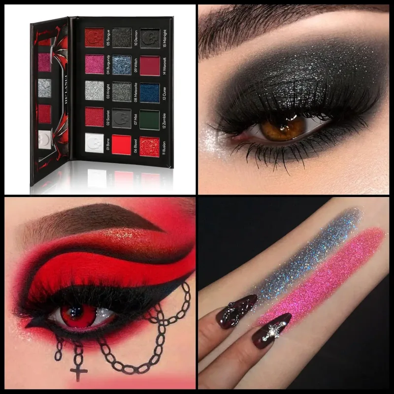 15 Colors Eyeshadow Palette Matte Shimmer Glitter Red Black Goth Eye Shadow Pallet for Halloween Lasting Eye Makeup