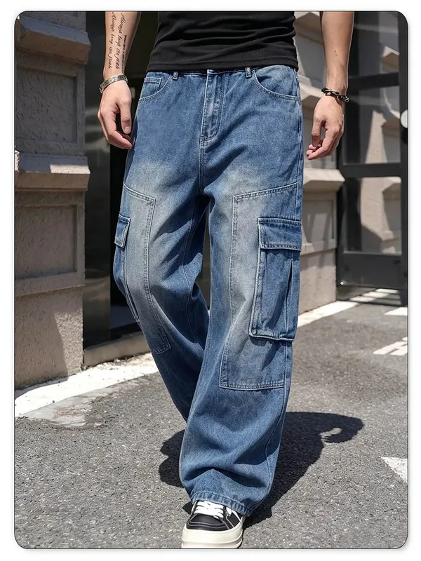 Men's American Retro Multi Pocket Cargo Jeans Suitable All Seasons Baggy Straight Leg Style Daily Street Casual Denim Pants — image 3
