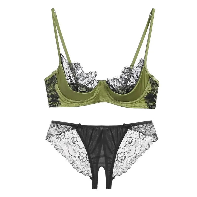 French Lace Half Cup Lingerie Set Green Ultra Thin Sheer Soft Comfortable Underwire Bra For Small Bust Women 32‑38AB — image 1