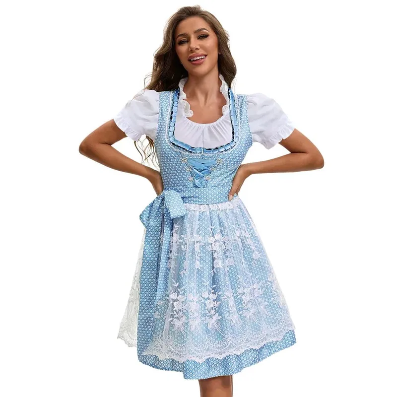 2025 Multicolor Munich Oktoberfest Dress for Women Bavarian Traditional Ethnic Print Beer Skirt with Top and Apron Maid Costume — image 11