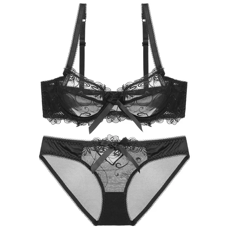 Lace Push Up Bra Set Breathable PantiesThin Mesh Cup Transparent Behalf Lingerie Bow Embroidery Flora Soutien Gorge — image 10