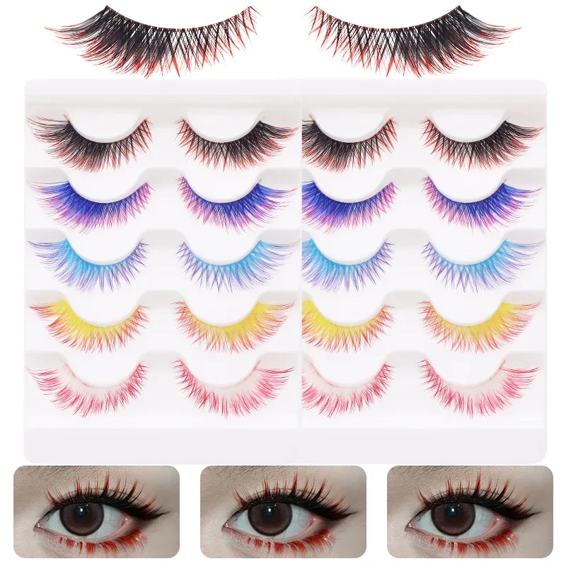 5 Pairs Mix Color Ombre Gradient False Eyelashes 3D Colorful Strip Lashes Handmade Fluffy Colored Eyelashes for Cosplay Makeup — image 5