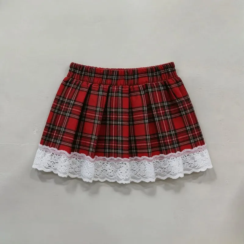 Schoolgirl Cosplay Lingerie Set Red Plaid Tie Front Crop Top Lace Trim Mini Skirt Outfit