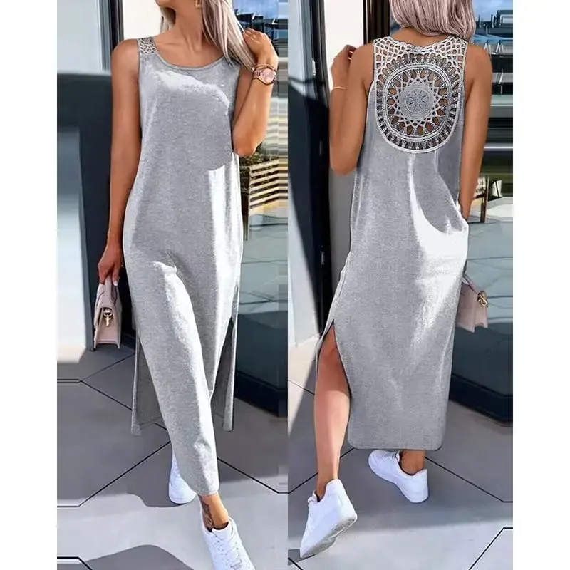 New Summer Casual Hollow Sexy Loose Dress Women Fashion Slit Sleeveless Party Dresses Women Round Neck Mid Length Ladies Dress — image 3