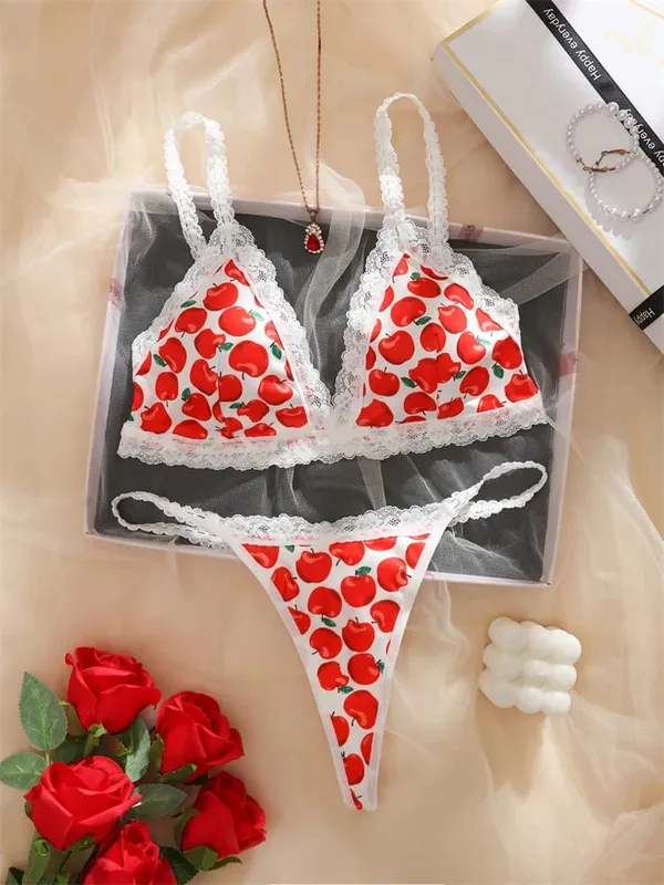 Women's Cute Apple Print Lingerie Set Wireless Triange Bra&Thong 2 PCS Bralette Sets Sweet Fruit Pattern Intimate Lace Underwear — image 2