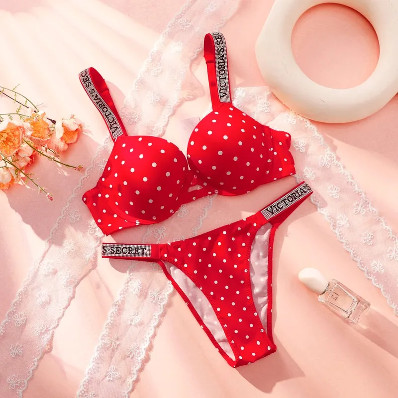 Victoria Secret Very Sexy Shine Script Polka Dot Push Up Bra Shine Script Thong Panty Set Women Sexy Lingerie Hot — image 4