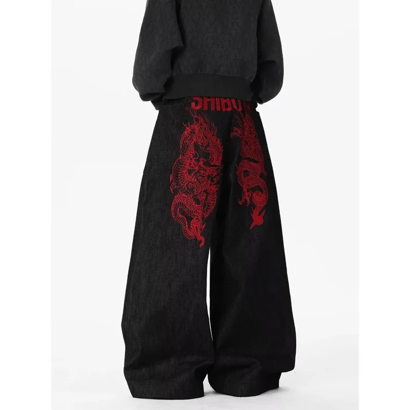 Retro Red Dragon Embroidery Wide Leg Knife Edge Jeans for both men and women Y2K street cool floor length wide leg pants — image 4