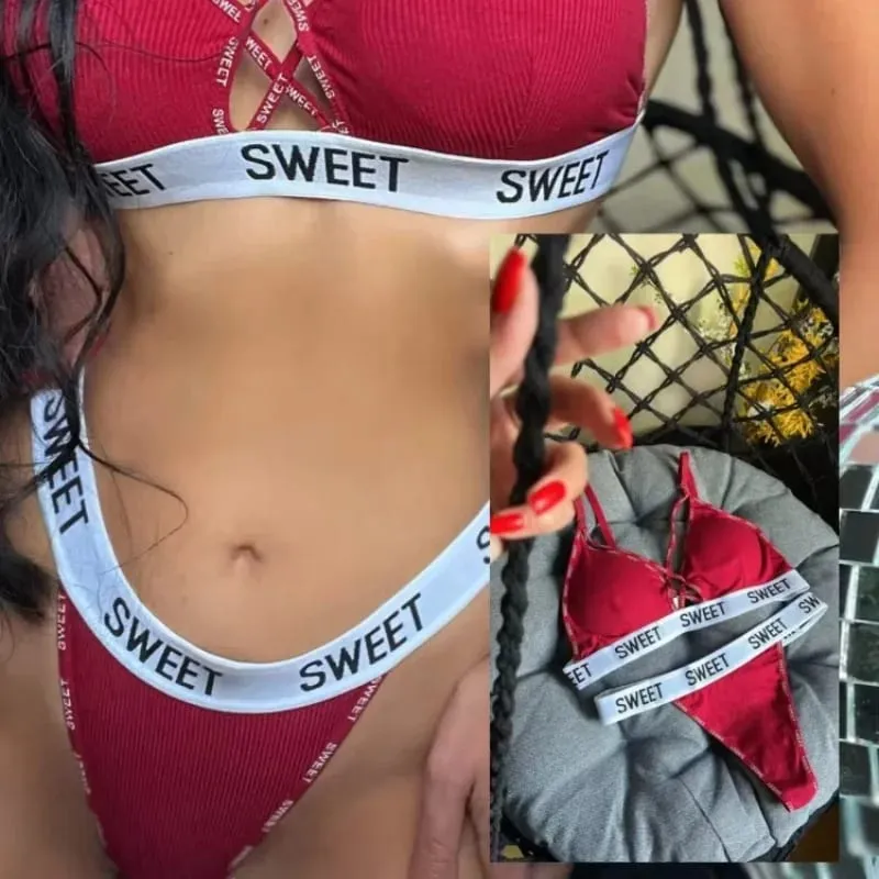 Women Padded Bra And Panties Set Front Cross Wireless Bra Low Rise G-string Female Letter Strap Underwear Sexy Lingerie Set — image 4