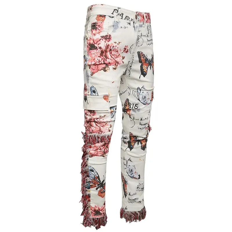 Men Butterfly Print Denim Jeans Flower Pattern White Stretch Cotton Slim Pants Tassels Multi Pockets Cargo Trousers Good Quality — image 4