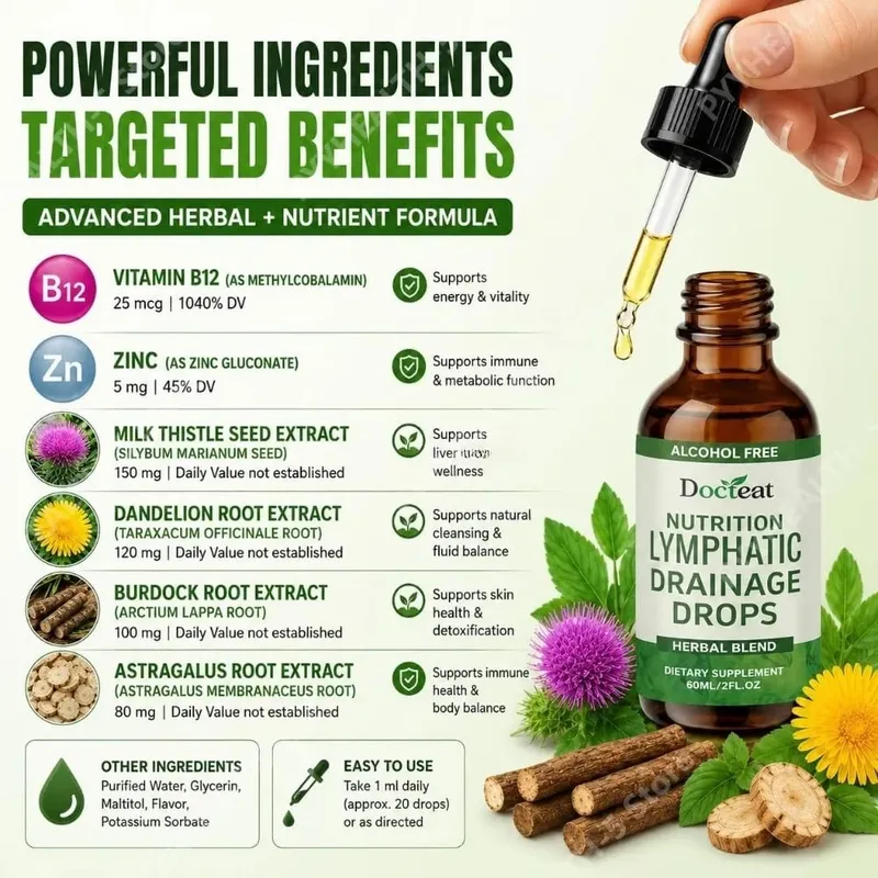 Lymphatic Drainage Drops Alcohol-Free Blend Supports Lymphatic Balance and Vitality with Vitamin B12 and Zinc 60 Ml — image 3