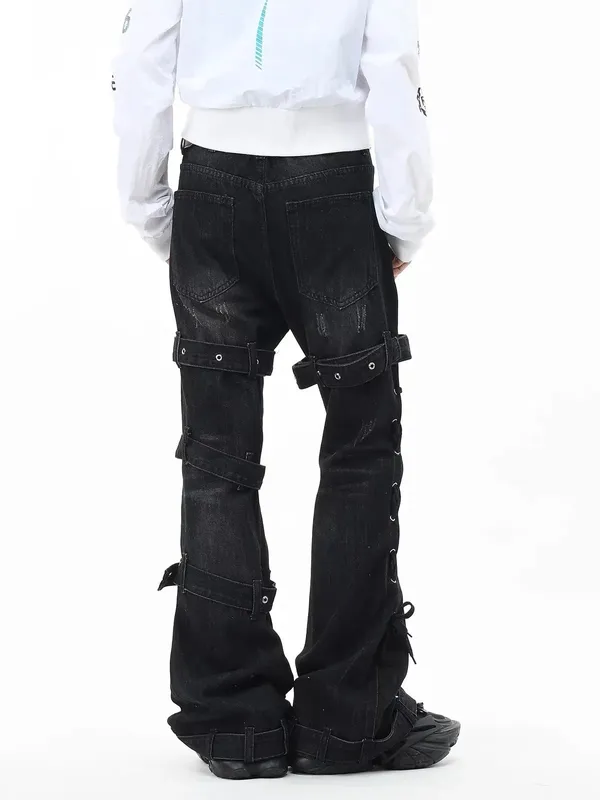 Gothic Punk Multi Buckle Strap Slim Fit Black Jeans Man Woman Ripped Vintage Techwear Bootcut Jeans