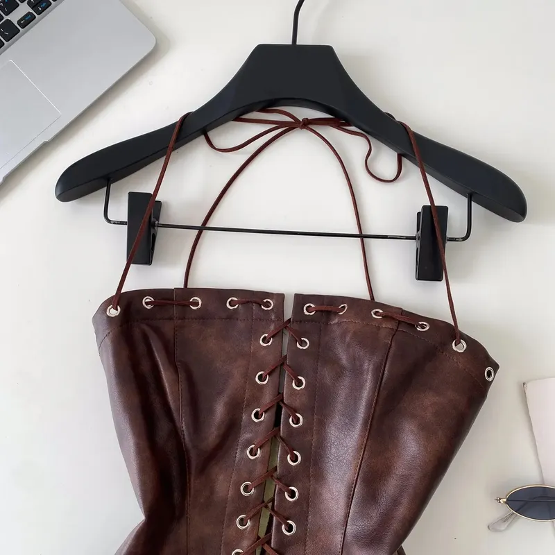 Sexy Bandage Pu Solid Tanks Top Vintage Corset Bustier Korean Autumn Camis Women Party Crop Top Y2k