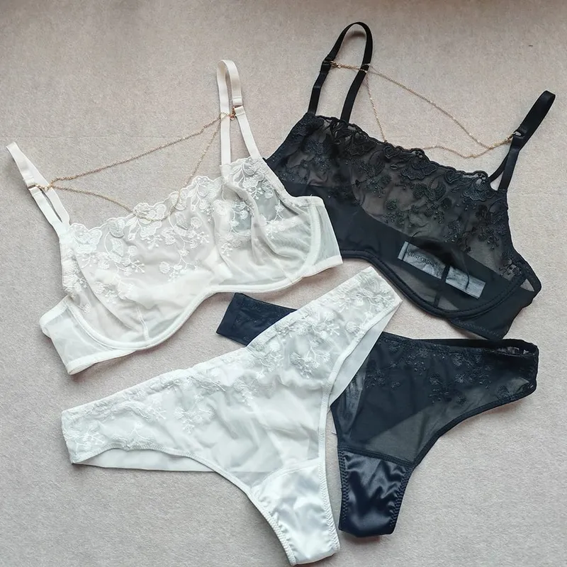Elegant Women Sheer Mesh Floral Embroidered Lingerie Set Gold Chain Accent Underwire Bra & Thong 2pcs Intimate Outfit — image 1