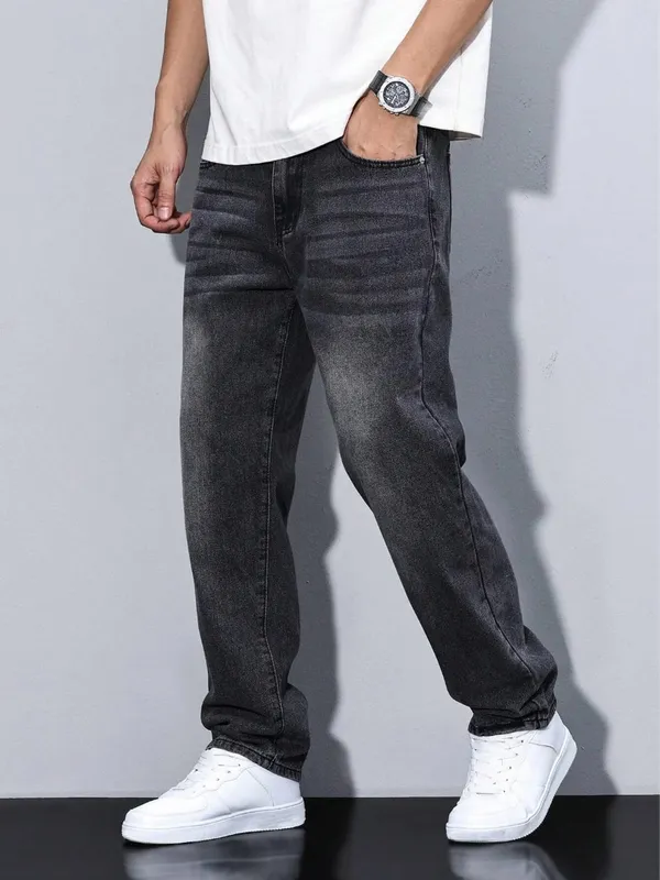 Men's Black Washed Loose-Fit Jeans Straight-Leg Casual Streetwear Trousers for Daily Wear Comfortable Denim-Like Pants — image 1
