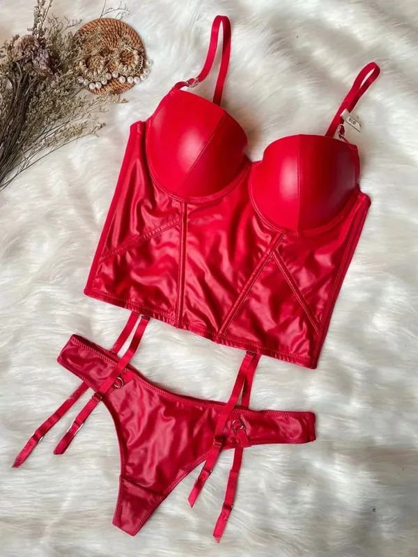 Wriufred Sexy Glossy Gathering Bra Panties Set Leather Small Bone Shaped Body Shaper Waist Underwear Set Red Bralette — image 8